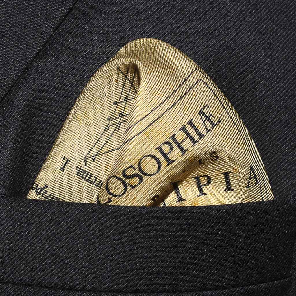 Newton Silk Pocket Square featuring Newton's diagrams, text and annotations from the first edition of the Principia